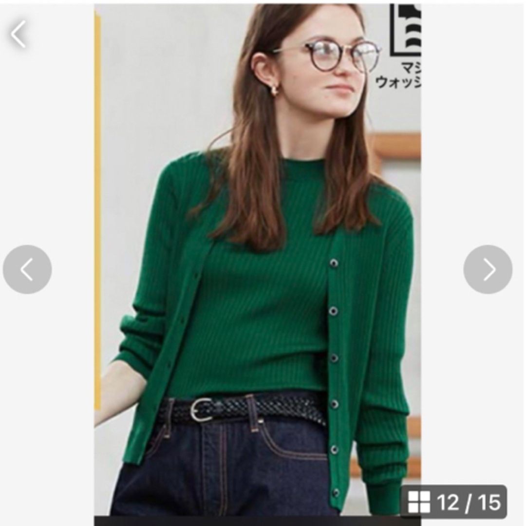 UNIQLO(ユニクロ)の新品・未使用　ユニクロ　エクストラファインメリノリブ　アンサンブル　グリーンXL レディースのトップス(カーディガン)の商品写真