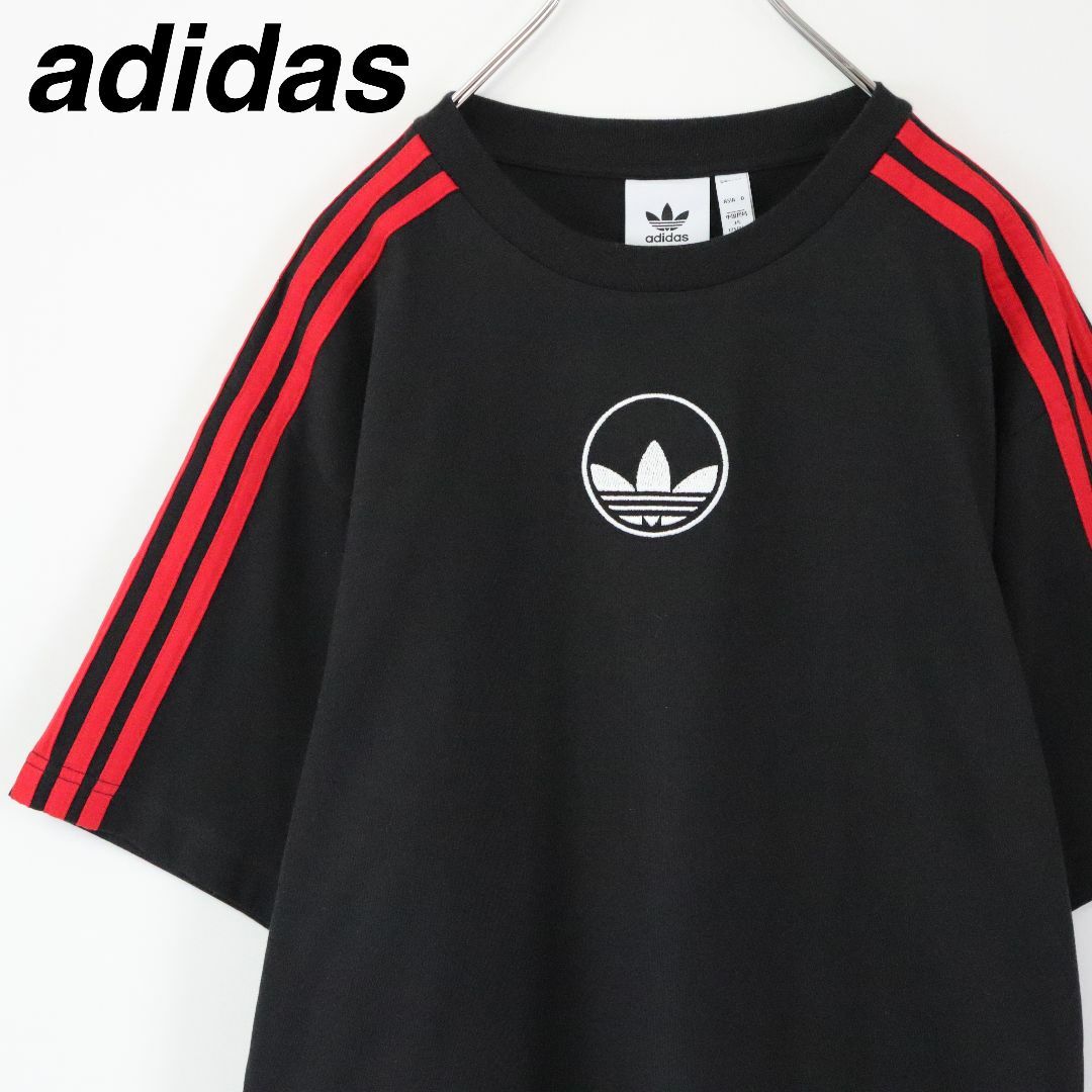 adidas(アディダス)の【希少】アディダス／Tシャツ　刺繍ロゴ　センターロゴ　スリーライン　Lサイズ　黒 メンズのトップス(Tシャツ/カットソー(半袖/袖なし))の商品写真