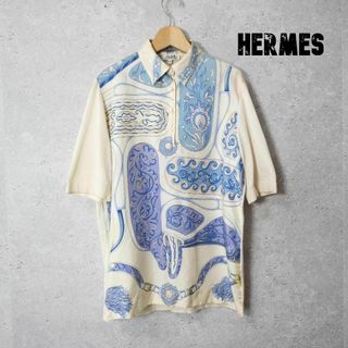 高級✨HERMES シャツ 絹 ニット ドッキング 鍵柄 紺 金