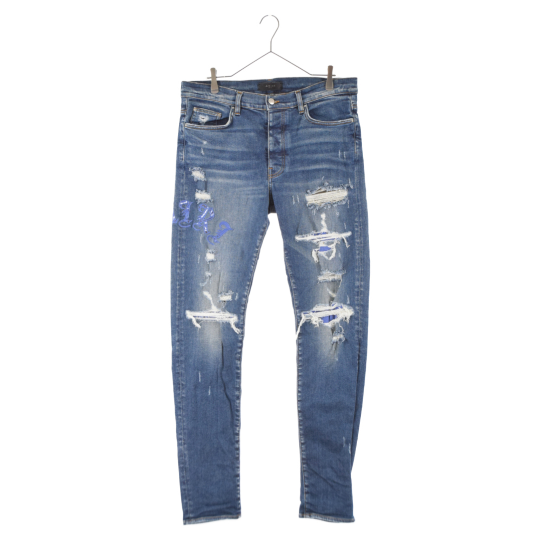 AMIRI アミリ 22SS Old English Ripped Skinny Jeans オールドイングリッシュバンダナリペアスキニーデニムパンツ MDS148 インディゴブルー