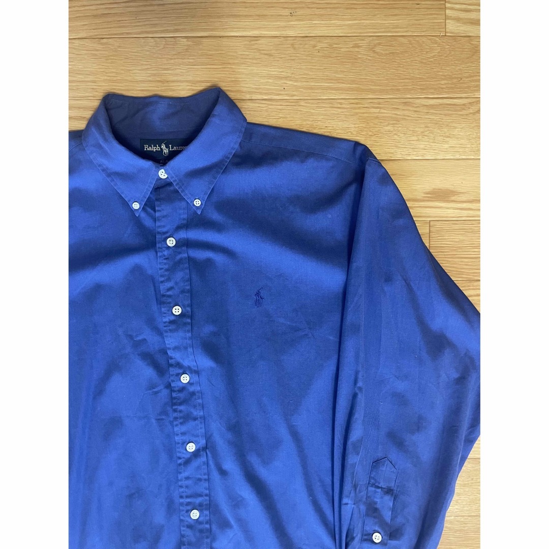 90s ラルフローレン ロゴ刺繍 長袖BDシャツ 無地ブルー ビッグサイズ