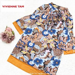 ヴィヴィアンタム(VIVIENNE TAM)のヴィヴィアンタム　ワンピース　胸元フリル　七分袖　ボトルネック　総柄　0　S (ひざ丈ワンピース)