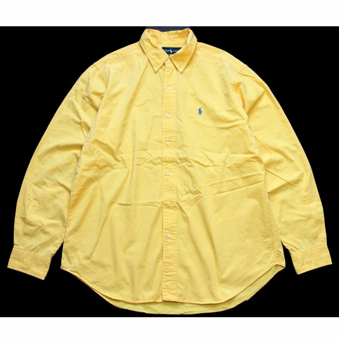 黄素材00s ラルフローレン ワンポイント ボタンダウン コットンシャツ 黄 L★20 オールド ロゴ刺繍 クラシック 無地 オーバーサイズ