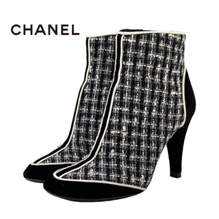 シャネル(CHANEL)のシャネル CHANEL ブーツ ショートブーツ 靴 シューズ ココマーク ツイード ベロア ブラック(ブーツ)