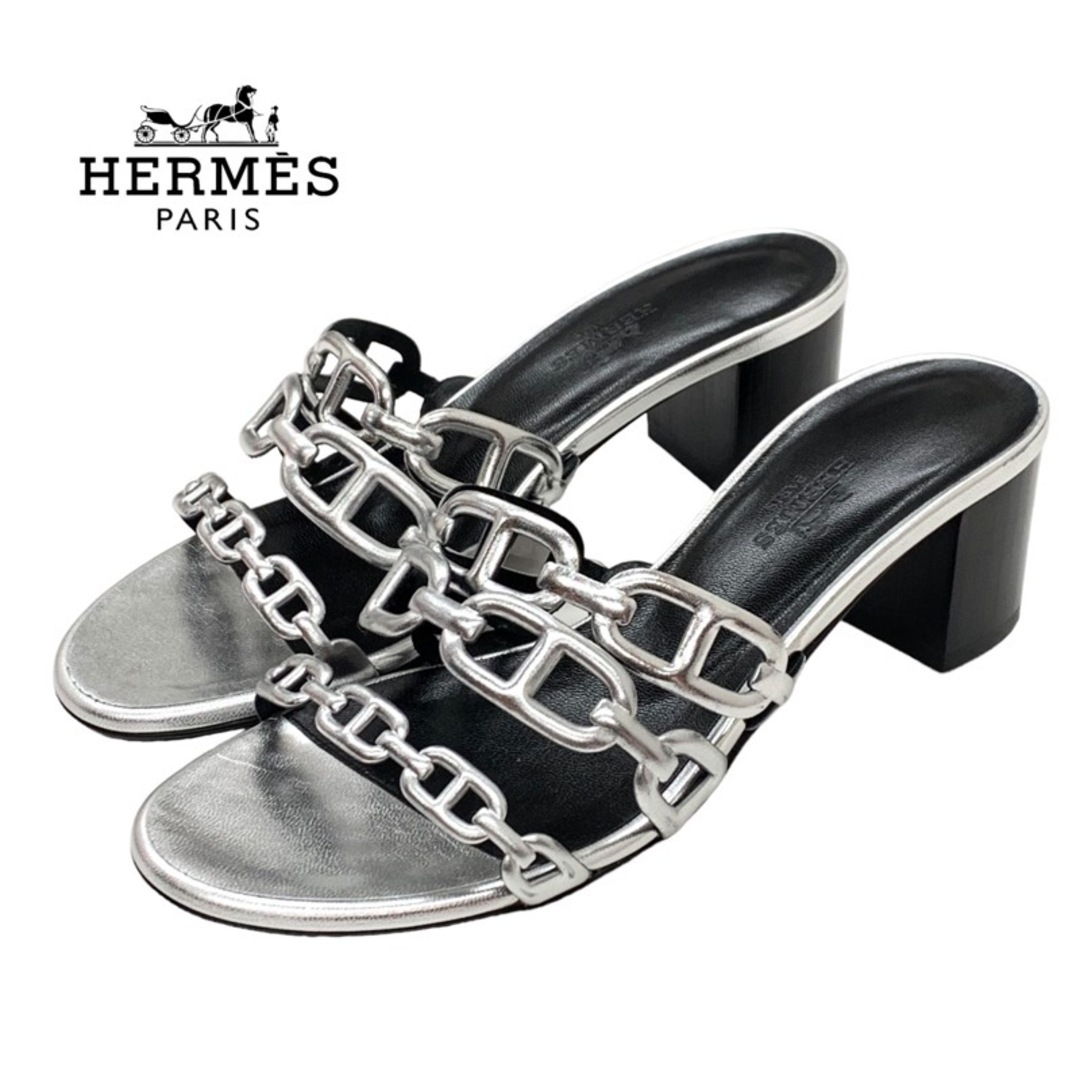 Hermes(エルメス)のエルメス HERMES タンデム サンダル ミュール 靴 シューズ レザー シルバー ブラック シェーヌダンクル レディースの靴/シューズ(サンダル)の商品写真