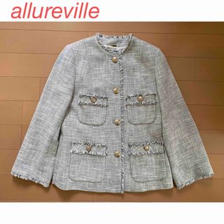 アルアバイル(allureville)の【美品】allureville スラブツイードクルーショートコート　グレー(ノーカラージャケット)