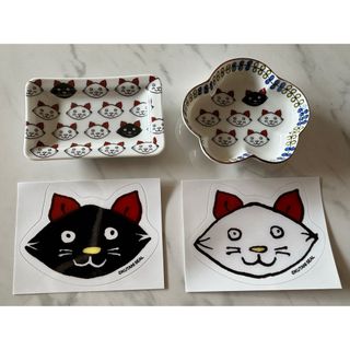 クタニシール黒猫&子猫の豆皿とステッカー(食器)