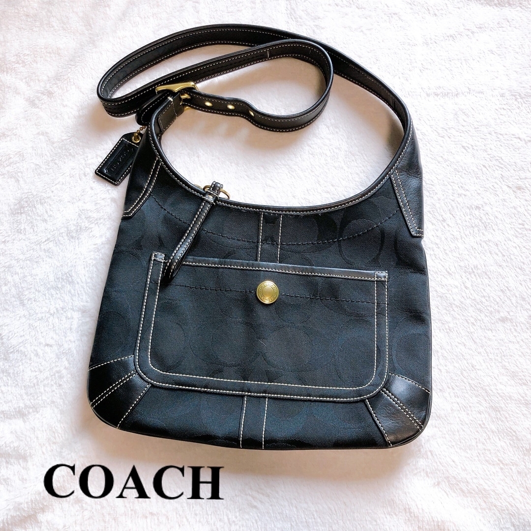 【美品】coach シグネチャー　ショルダーバッグ　ブラック　レザー　金具