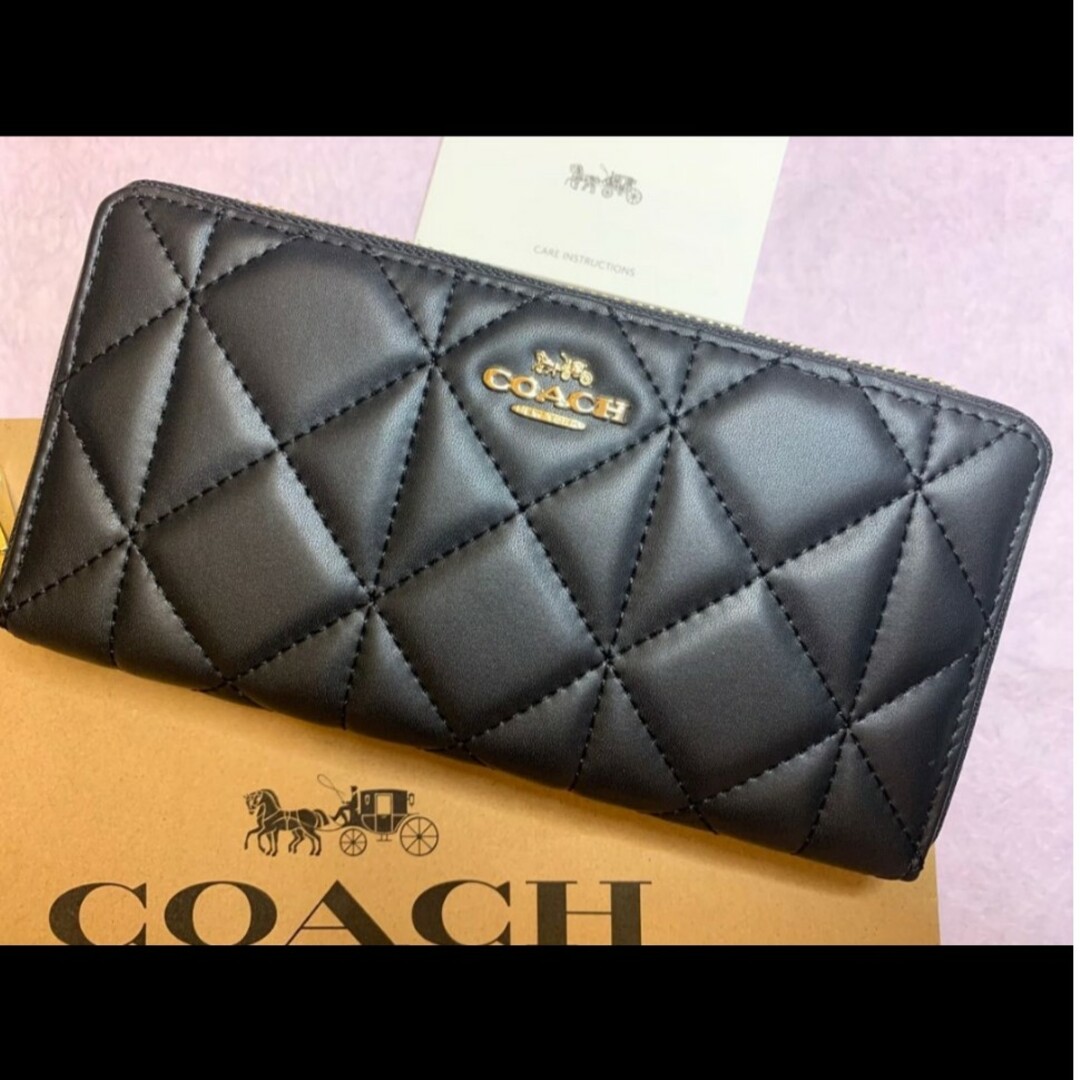 新品　COACH　長財布　ブラック　キルティング　ラウンドファスナー　小銭入れレディース