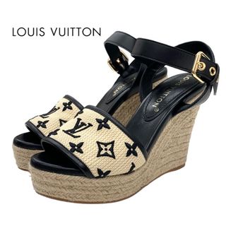 ルイヴィトン(LOUIS VUITTON)のルイヴィトン LOUIS VUITTON スターボードライン モノグラム サンダル 靴 シューズ レザー ファブリック ブラック ベージュ エスパドリーユ ウェッジソール 刺繍(サンダル)