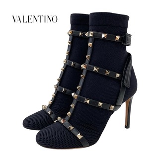 ヴァレンティノ(VALENTINO)の未使用 ヴァレンティノ VALENTINO ブーツ ショートブーツ ソックスブーツ 靴 シューズ ロックスタッズ ニット ブラック 黒(ブーツ)