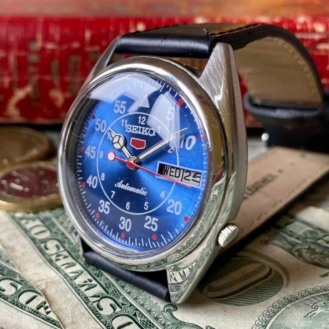 レトロ可愛い】セイコー5 メンズ腕時計 ブルー 自動巻き