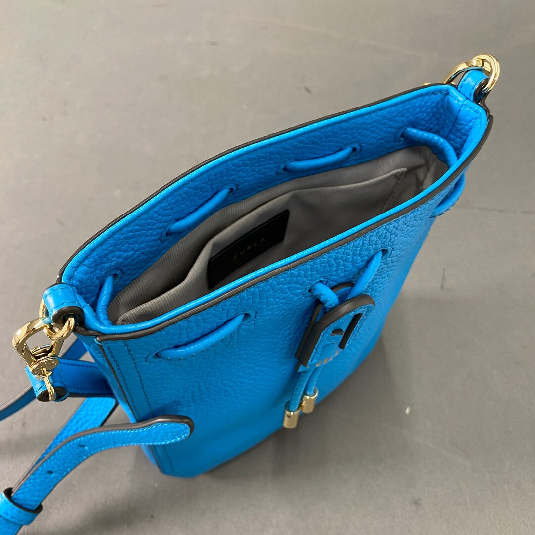 k7《 美品 》FURLA フルラ ATENA BUCKET BAG MINI アテナバケットバッグ ミニ ブルー レザー ショルダーバッグ 巾着