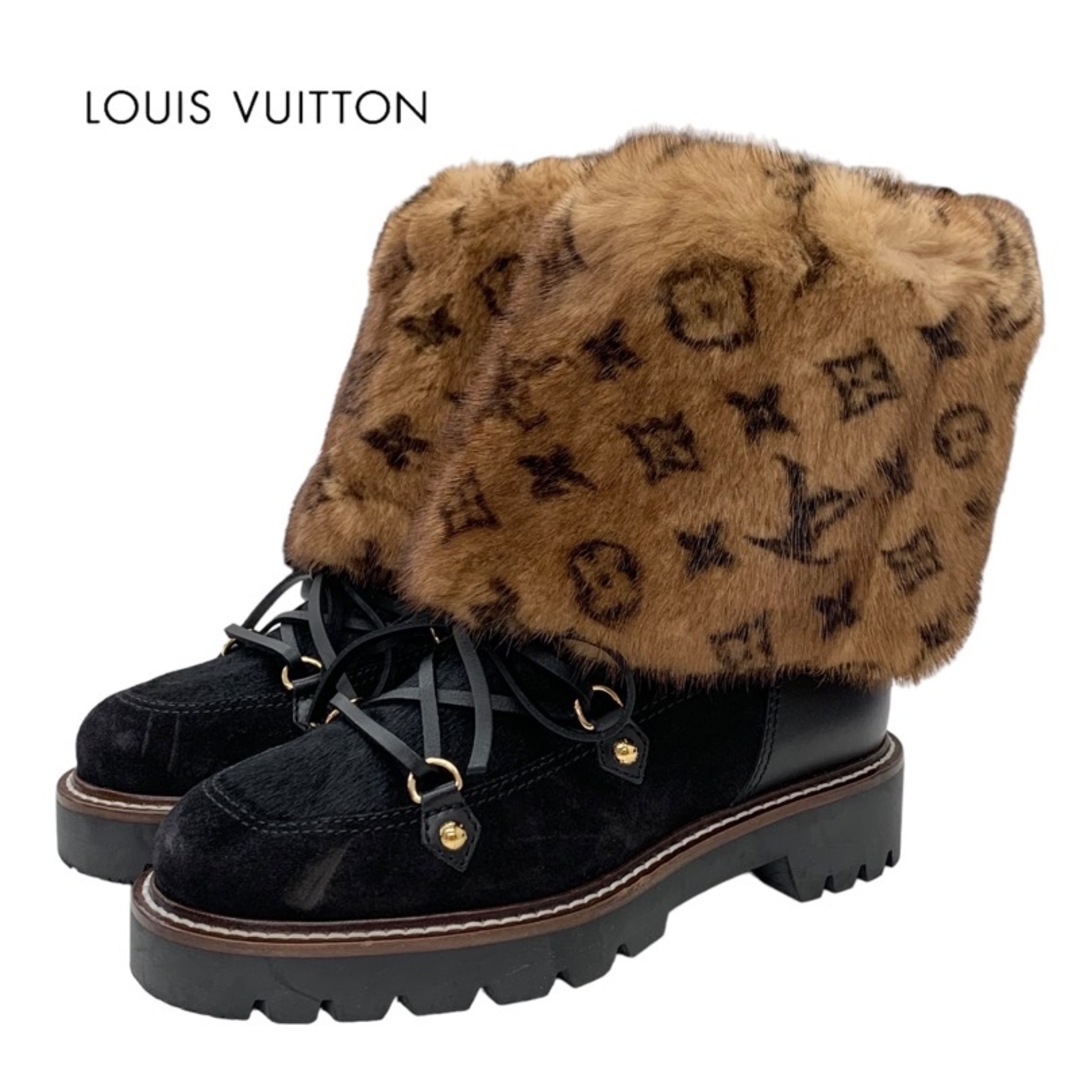 ルイヴィトン LOUIS VUITTON テリトリーライン モノグラム ブーツ ショートブーツ ムートンブーツ レースアップ ファー ブラック ブラウン23cm