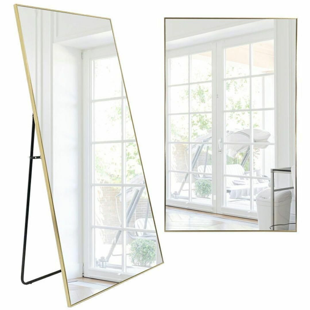 全身鏡  160cmx80cm 鏡 スタンドミラー 姿見鏡壁付けミラー　ゴールド インテリア/住まい/日用品のインテリア小物(スタンドミラー)の商品写真