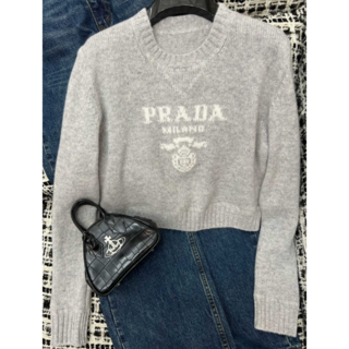 最終処分⭐️PRADA アーガイル柄　丸首ニット　チャコールグレー　38