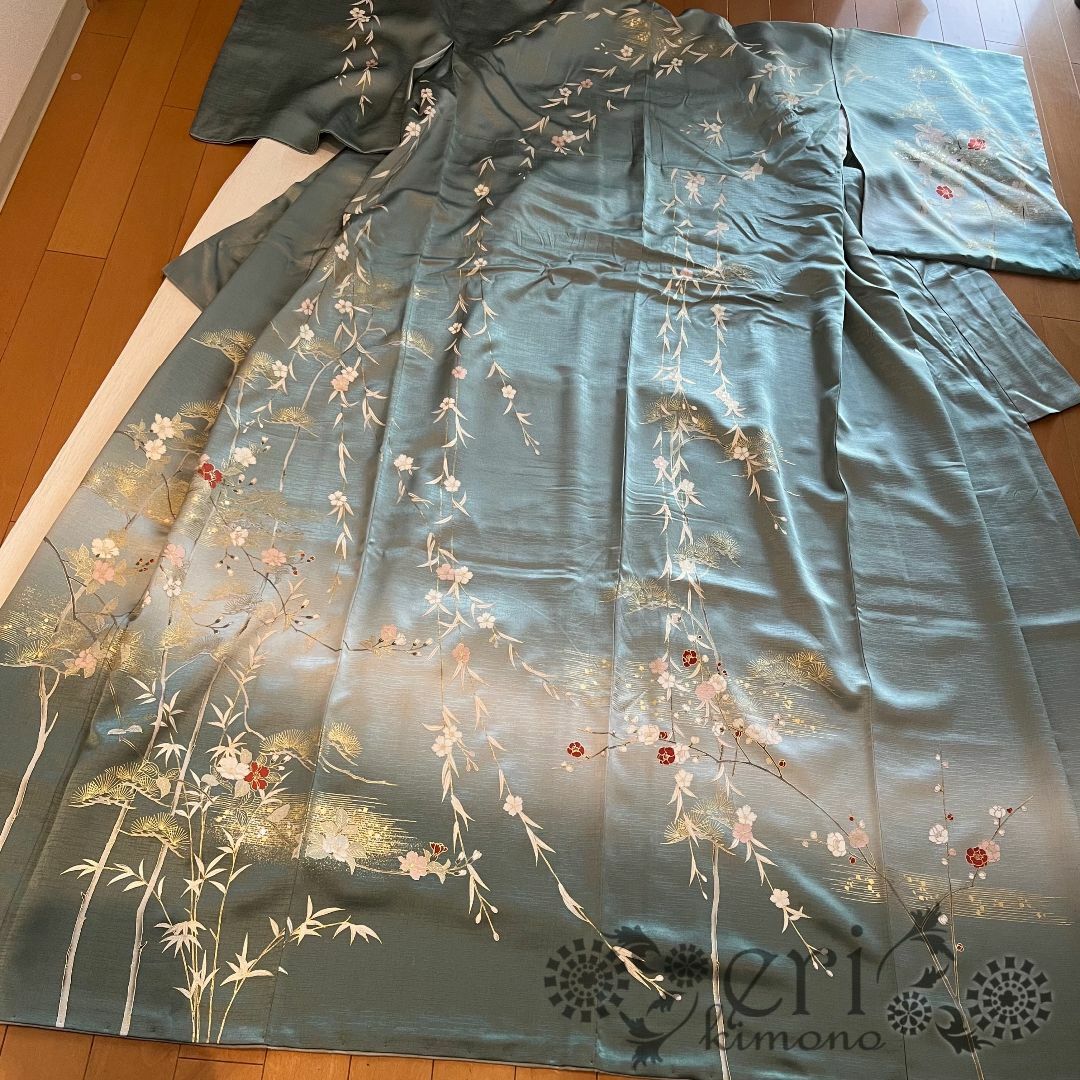 【訪問着/裄丈68cm】灰緑色系　枝垂れ桜　金銀彩 レディースの水着/浴衣(着物)の商品写真