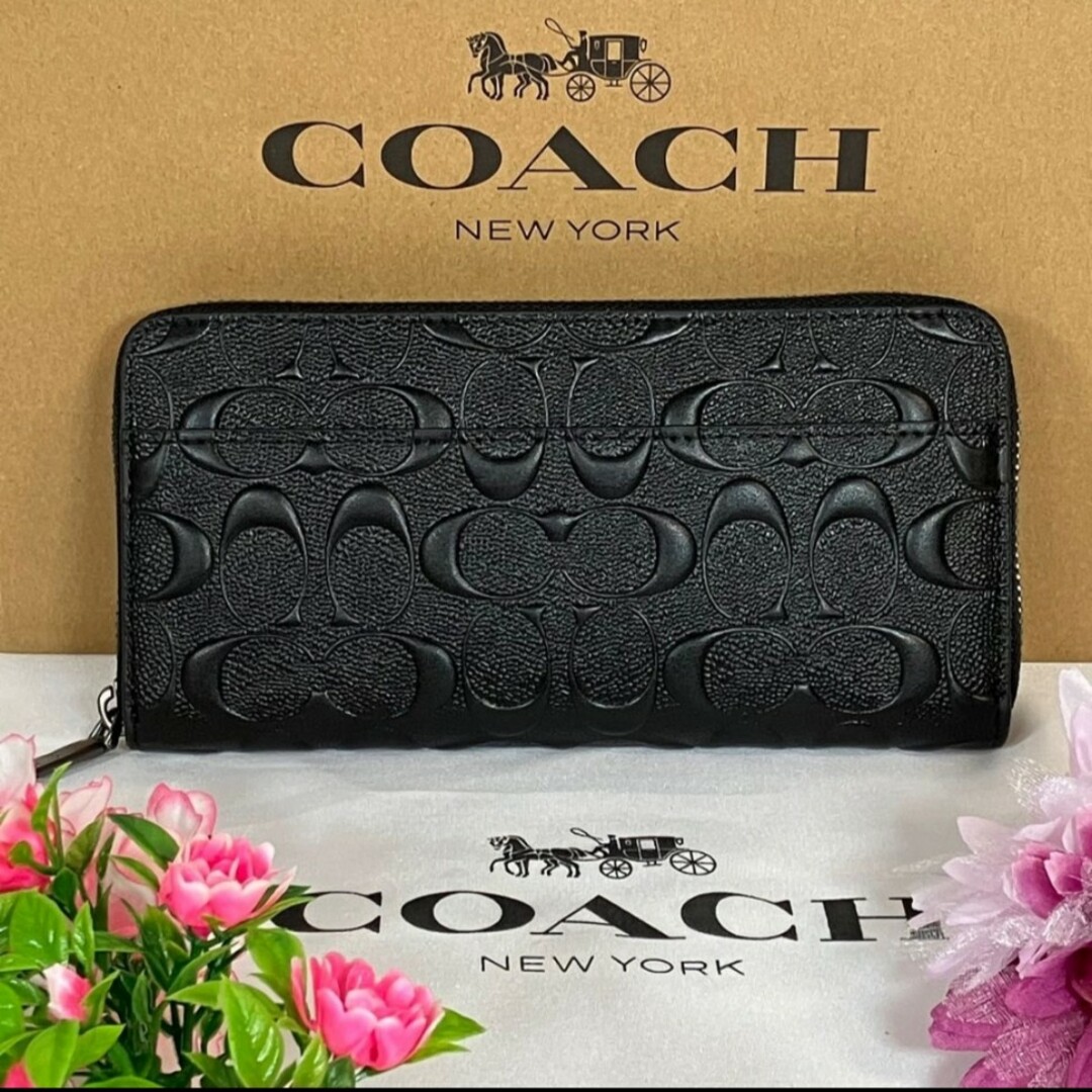 レディースCOACH アコーディオン　ウォレット　ブラック　エンボス