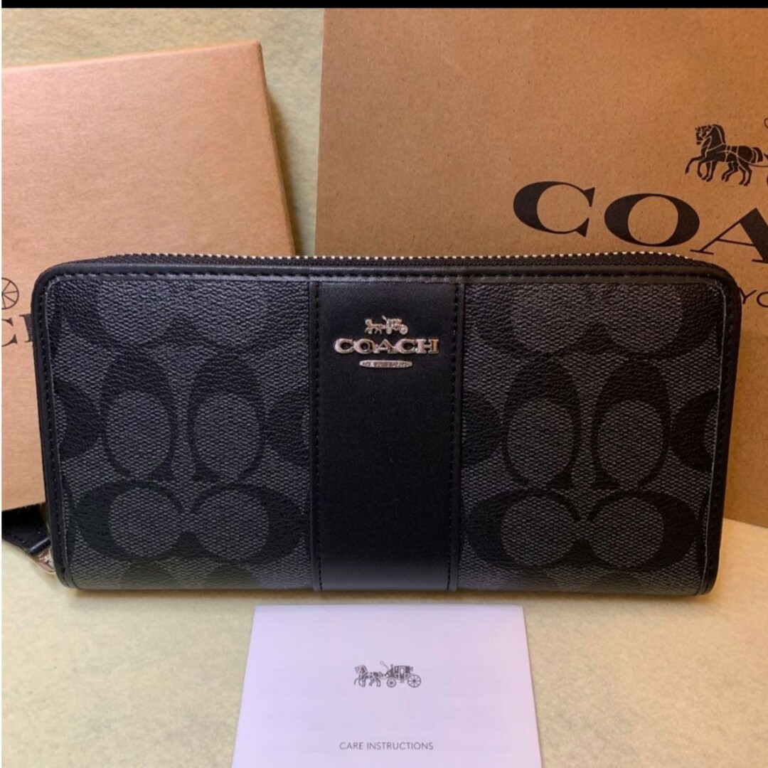 新品　COACH　長財布　ラウンドファスナー　ブラック　シグネチャー　小銭入れレディース