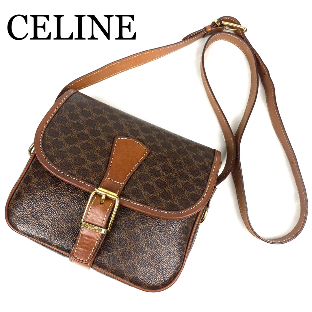 CELINE セリーヌ マカダム柄 ショルダーバッグ ブラウン ゴールド金具