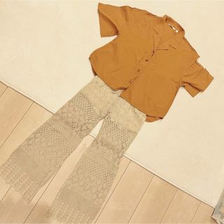 ユニクロ(UNIQLO)のレディース コーデ 半袖シャツ レースパンツ ユニクロ しまむら ブラウン(セット/コーデ)