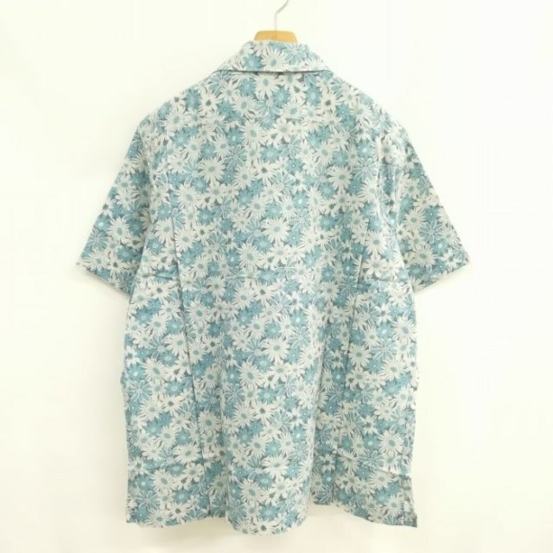 美品 フラワー オープンカラー シャツ 花柄 コットン アロハ 半袖 L ブルー63cm着丈