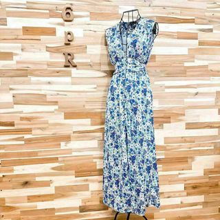 美品　ZARA ザラ　総柄　ロングワンピース　マルチカラー　花柄　りぼん　青　S