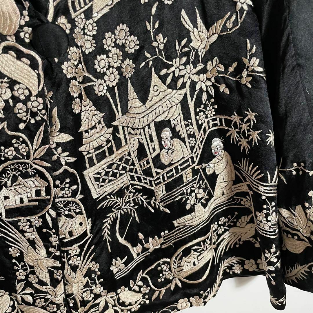 【ヨーロッパ古着】ヴィンテージ　刺繍ロゴ　シルクテーラードジャケット黒　金刺繍