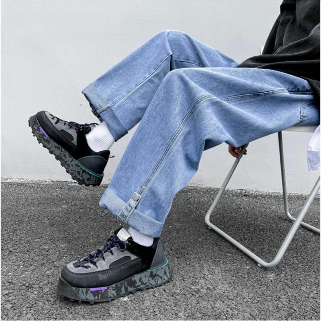 【003221XL】ストリート ワイド デニム パンツジーンズロールアップブルー レディースのパンツ(デニム/ジーンズ)の商品写真