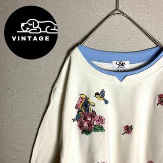 【スウェット　刺繍デザイン　アニマル　動物　鳥　花柄　白　古着】(スウェット)