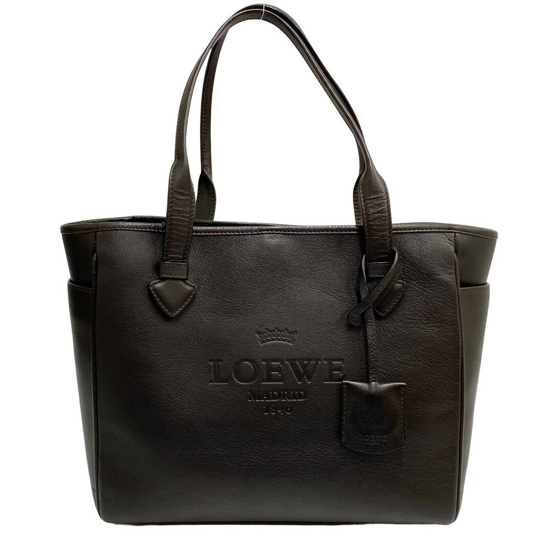 極 美品 クロシェット付 LOEWE ロエベ ヴィンテージ ヘリテージ ロゴ レザー 本革 トートバッグ ハンドバッグ ブラウン 茶 65093