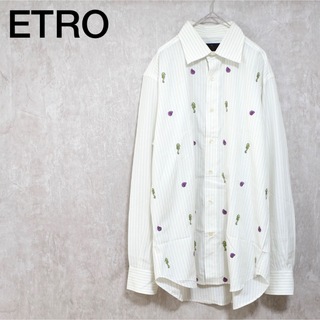 美品 エトロ ワイシャツ 刺繍ロゴ ストライプ 大きいサイズ メンズ 43