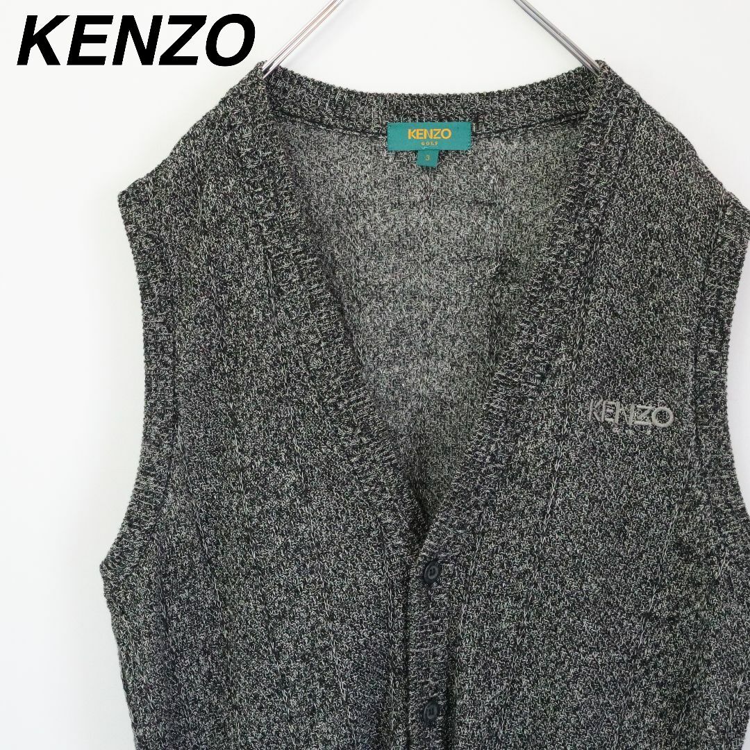 KENZO(ケンゾー)の【希少】ケンゾーゴルフ／ニットベスト　刺繍ロゴ　リネン　日本製　Vネック　濃灰色 メンズのトップス(ニット/セーター)の商品写真