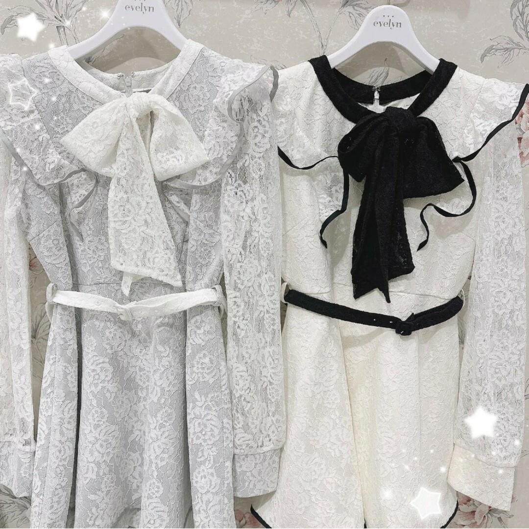 新品【evelyn】 量産型　可愛い  フリルリボンレースニット レディースのワンピース(ひざ丈ワンピース)の商品写真