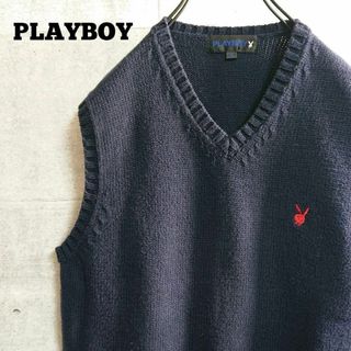 プレイボーイ(PLAYBOY)の【プレイボーイ】ワンポイント 刺繍 ロゴ コットン ベスト 厚手 ネイビー M(ベスト)