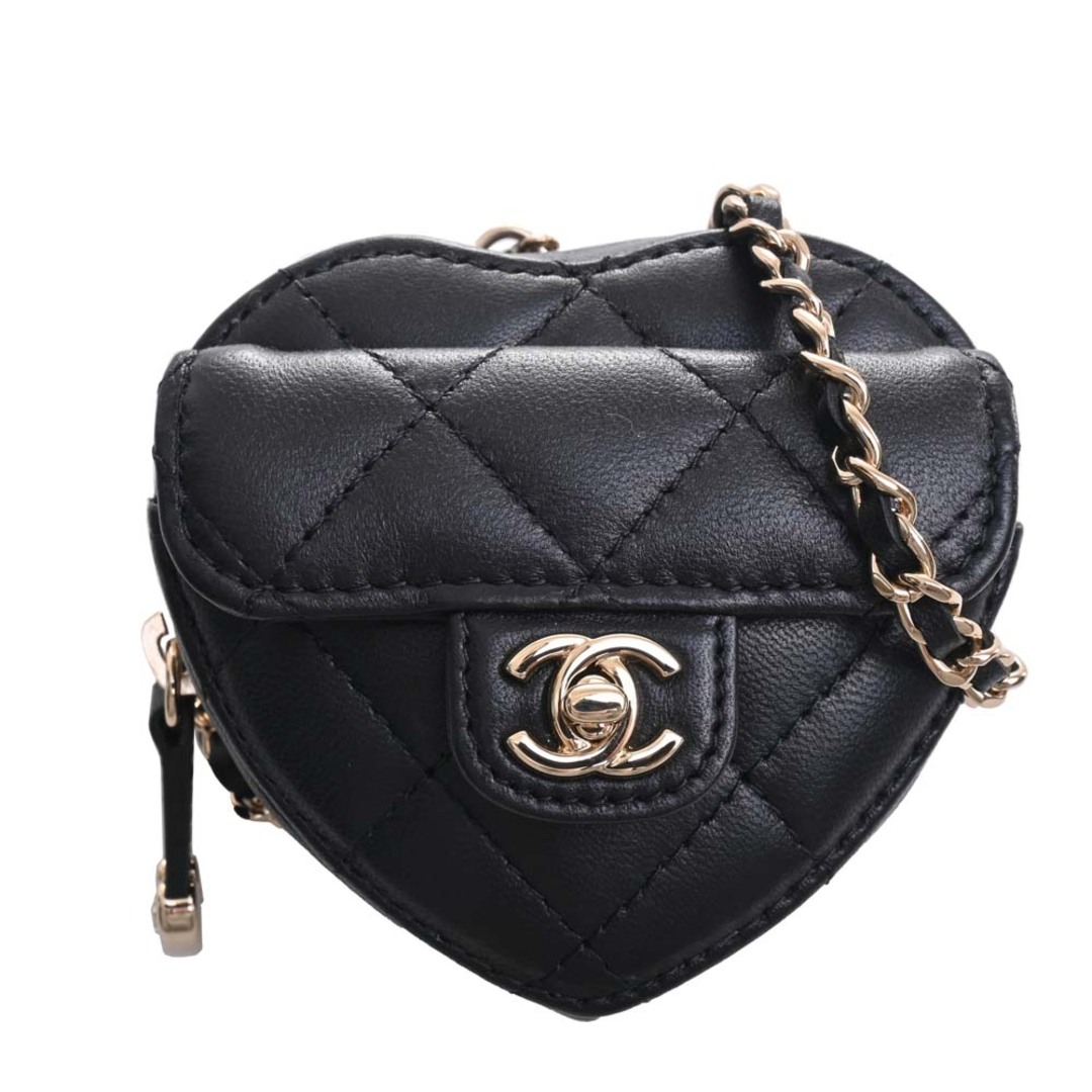 CHANEL シャネル ラムスキン マトラッセ ハート ココマーク チェーン付 コインケース - ブラック by