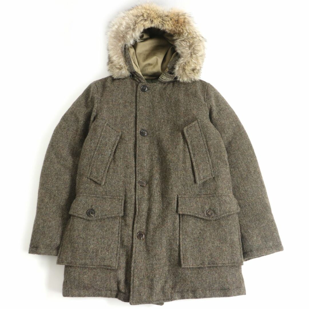 45cm袖丈美品□WOOLRICH/ウールリッチ MOON社製生地使用 ツイード ロゴボタン WZIP ファーフーデッド ダウンジャケット ブラウン系 S 正規品 メンズ