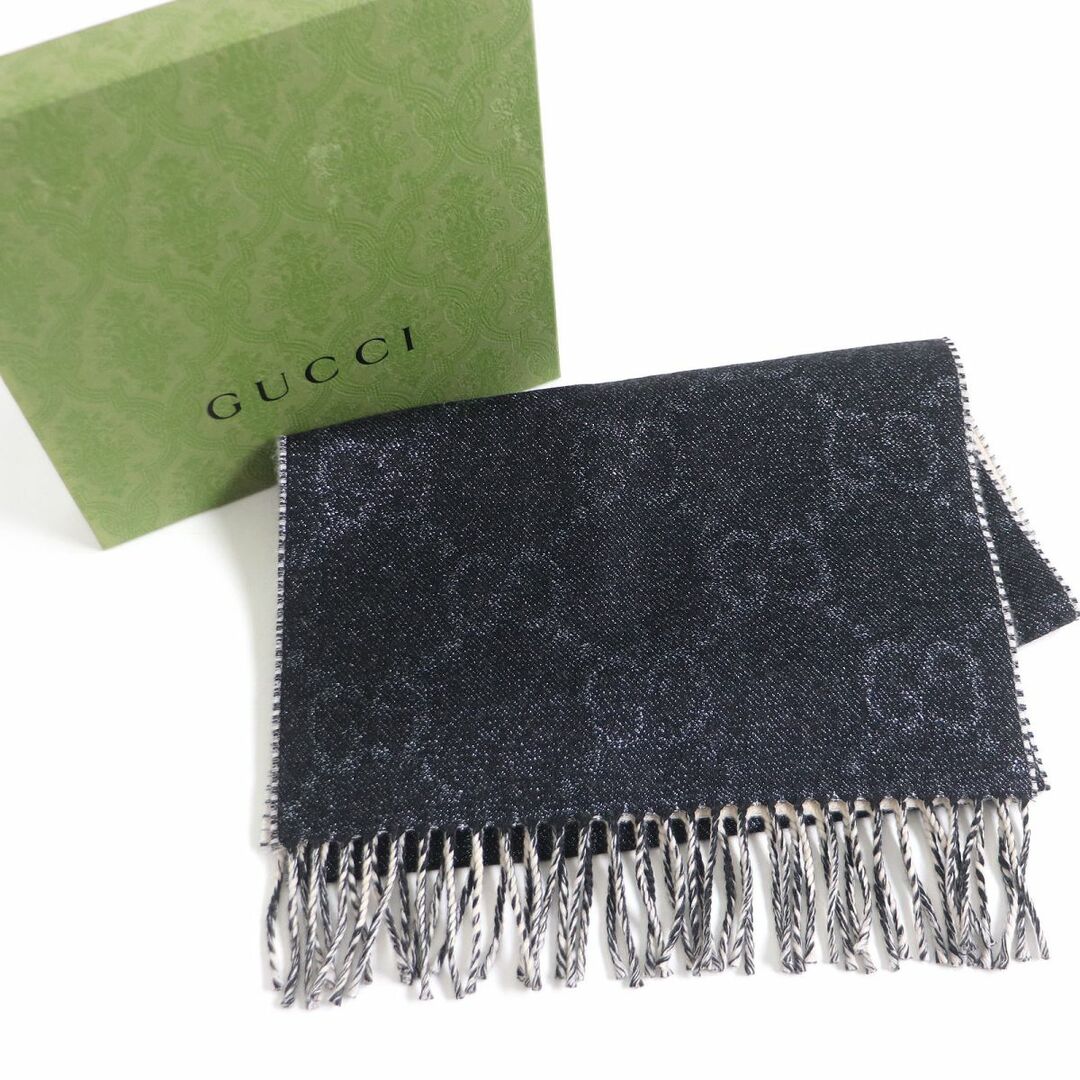 極美品□GUCCI/グッチ 727724 GG総柄 メタリックファイバー ウールジャカード スカーフ フリンジマフラー ブラック×ベージュ  34×194cm　t01-st30221-242