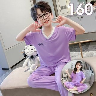 160 パジャマ 子供 韓国 部屋着 ストレッチ 夏服 半袖 長ズボン パープル(パジャマ)