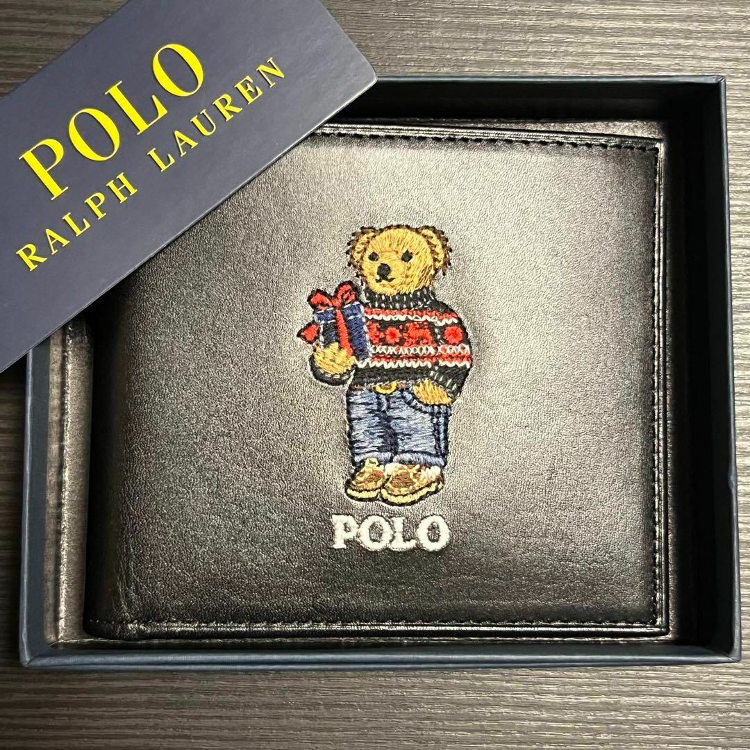 POLO RALPH LAUREN(ポロラルフローレン)の【海外限定】2023年新作 冬服ポロベアラルフローレン レザー二つ折財布ブラック メンズのファッション小物(折り財布)の商品写真