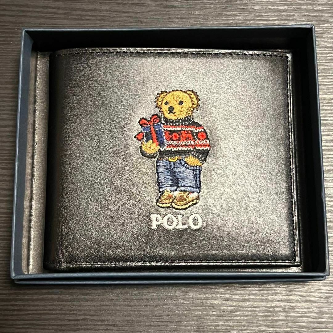 POLO RALPH LAUREN(ポロラルフローレン)の【海外限定】2023年新作 冬服ポロベアラルフローレン レザー二つ折財布ブラック メンズのファッション小物(折り財布)の商品写真