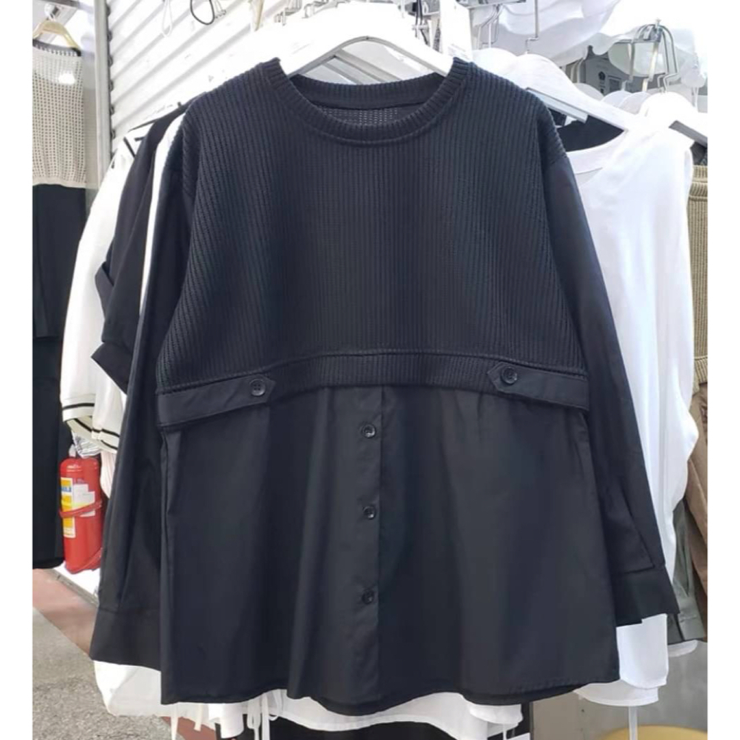 レイヤード風 トップス レディース ブラック ニット シャツ 重ね レイヤード風 トップス レディース ブラック ニット シャツ 重ね