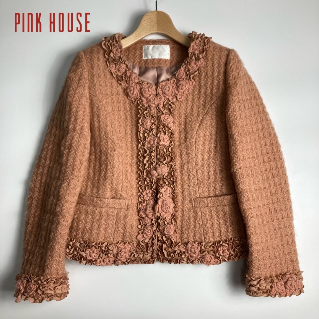 ピンクハウス　PINK HOUSE ウール　ノーカラージャケット　バラ　ローズ