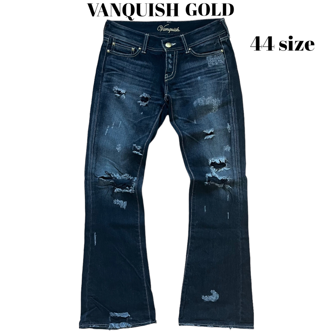 VANQUISH(ヴァンキッシュ)のVANQUISH GOLD クラッシュデニムパンツ フレアパンツ ブラックデニム メンズのパンツ(デニム/ジーンズ)の商品写真