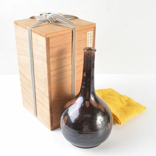 瀬戸焼　古瀬戸　黒釉　徳利　鶴首瓶　時代箱　伝来品　C　R6512(陶芸)