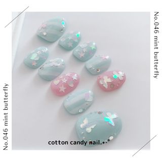 ネイルチップ★No.046 mint butterfly ハンドメイドのアクセサリー(ネイルチップ)の商品写真