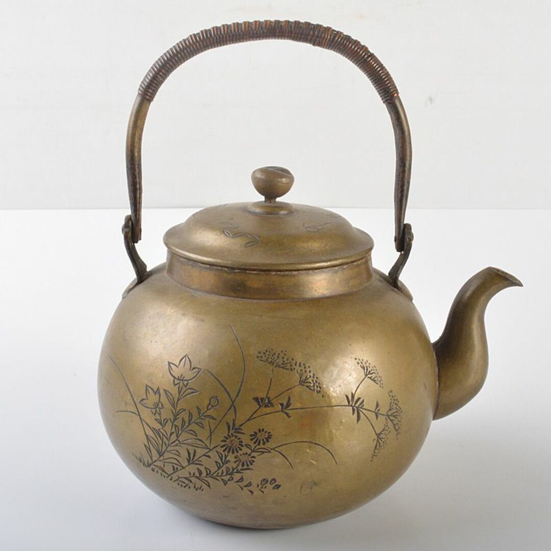 煎茶道具　銅製　四君子彫金　湯沸し　水次　薬缶　D　R6514