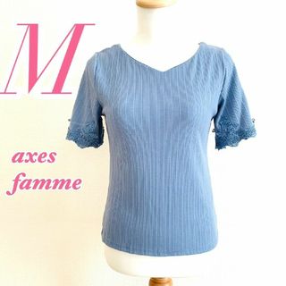 アクシーズファム(axes femme)のaxes femme アクシーズファム　半袖カットソー　ブルー　レース　リボン(カットソー(半袖/袖なし))