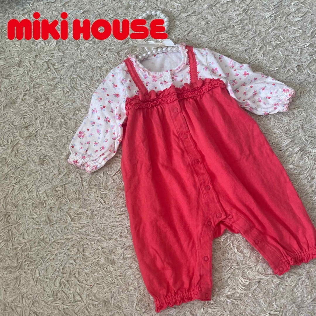 mikihouse(ミキハウス)の【人気】ミキハウス　長袖ロンパース　ベビー服　リボン　花柄　サロペット風　現行 キッズ/ベビー/マタニティのベビー服(~85cm)(ロンパース)の商品写真