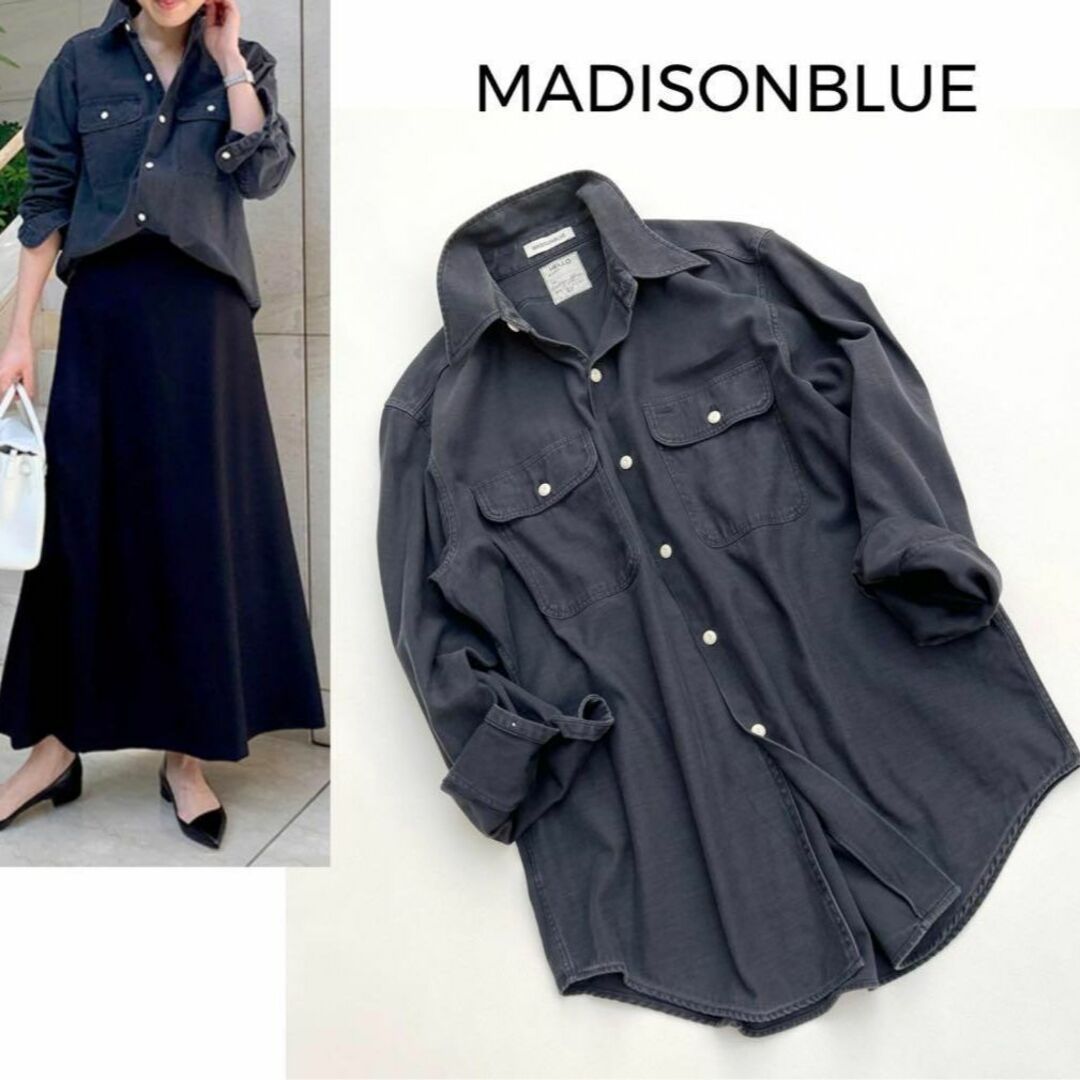 MADISONBLUE(マディソンブルー)の人気♡マディソンブルー＊ハンプトンバックサテンシャツ　黒　ブラック　羽織り　01 レディースのトップス(シャツ/ブラウス(長袖/七分))の商品写真